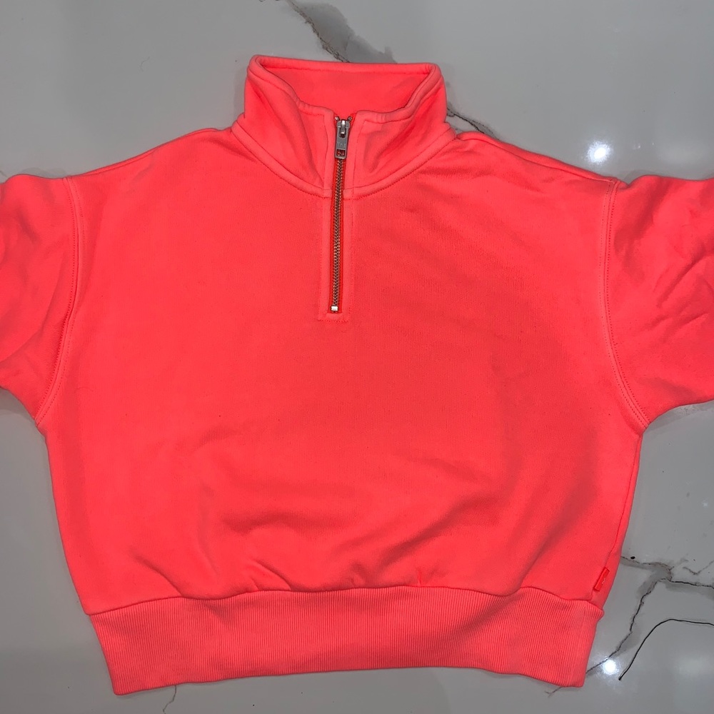 Aritzia Tna Cropped Neon Pink Half Zip Up Sweater